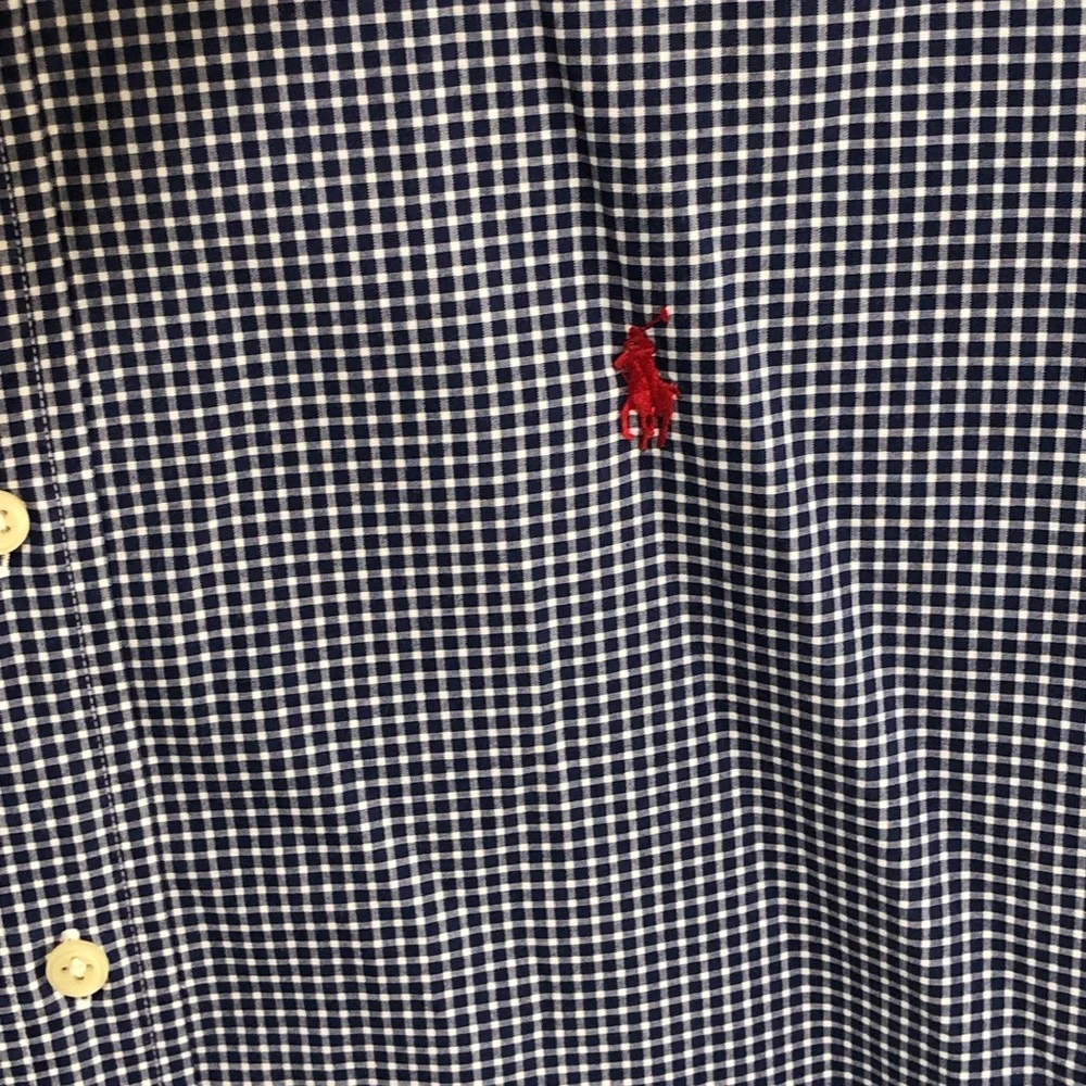 Polo Ralph Lauren Button Shirt Blue White Gingham Plaid Mens Red Pony XL Cotton